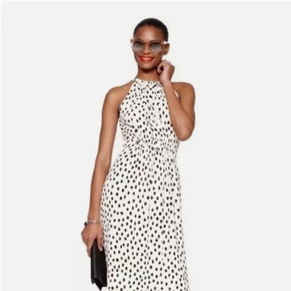 $368 KATE SPADE Ivory Black Leopard Dot Print HALTER DRESS MIDI Size 0